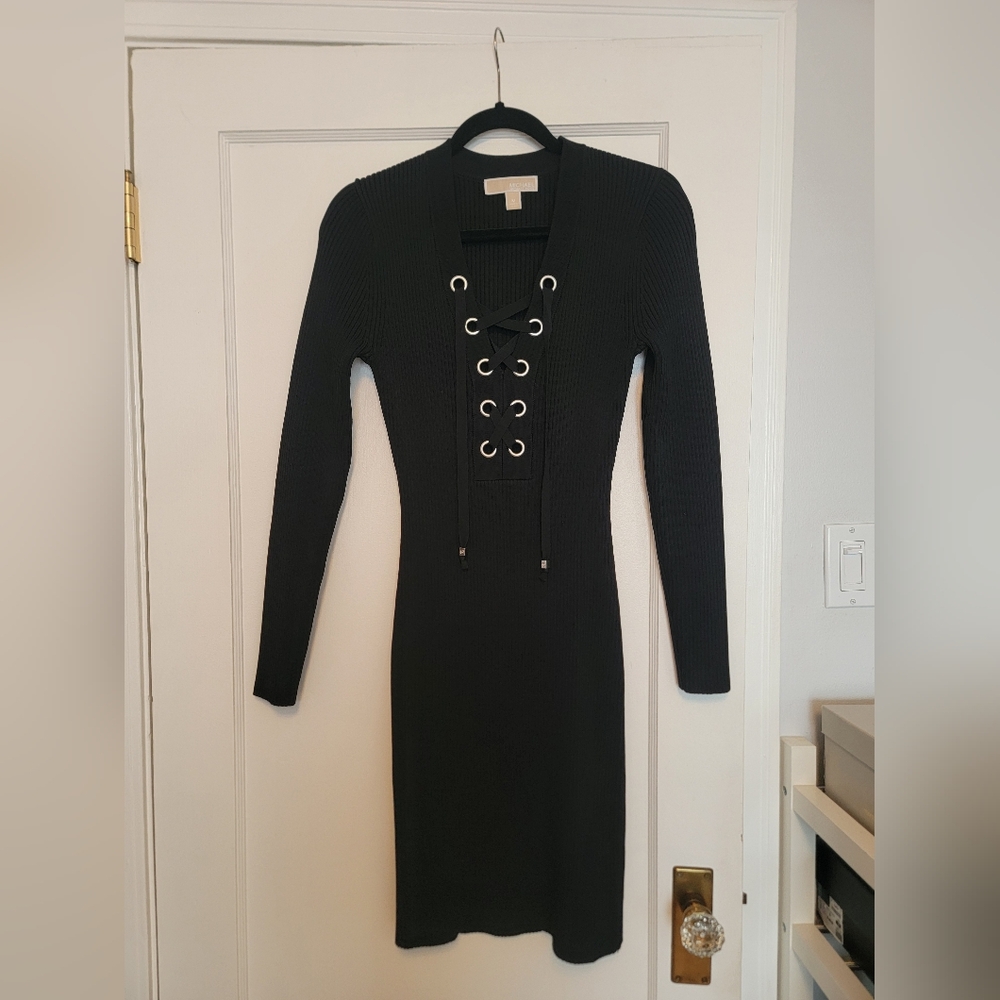 New Michael Kors Black Lace-Up Ribbed Knit Sweater Dress Medium